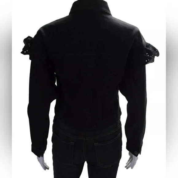 Something Navy Womens Denim Ruffled Button Up Jean Jacket Black Size XXS - Picture 3 of 5